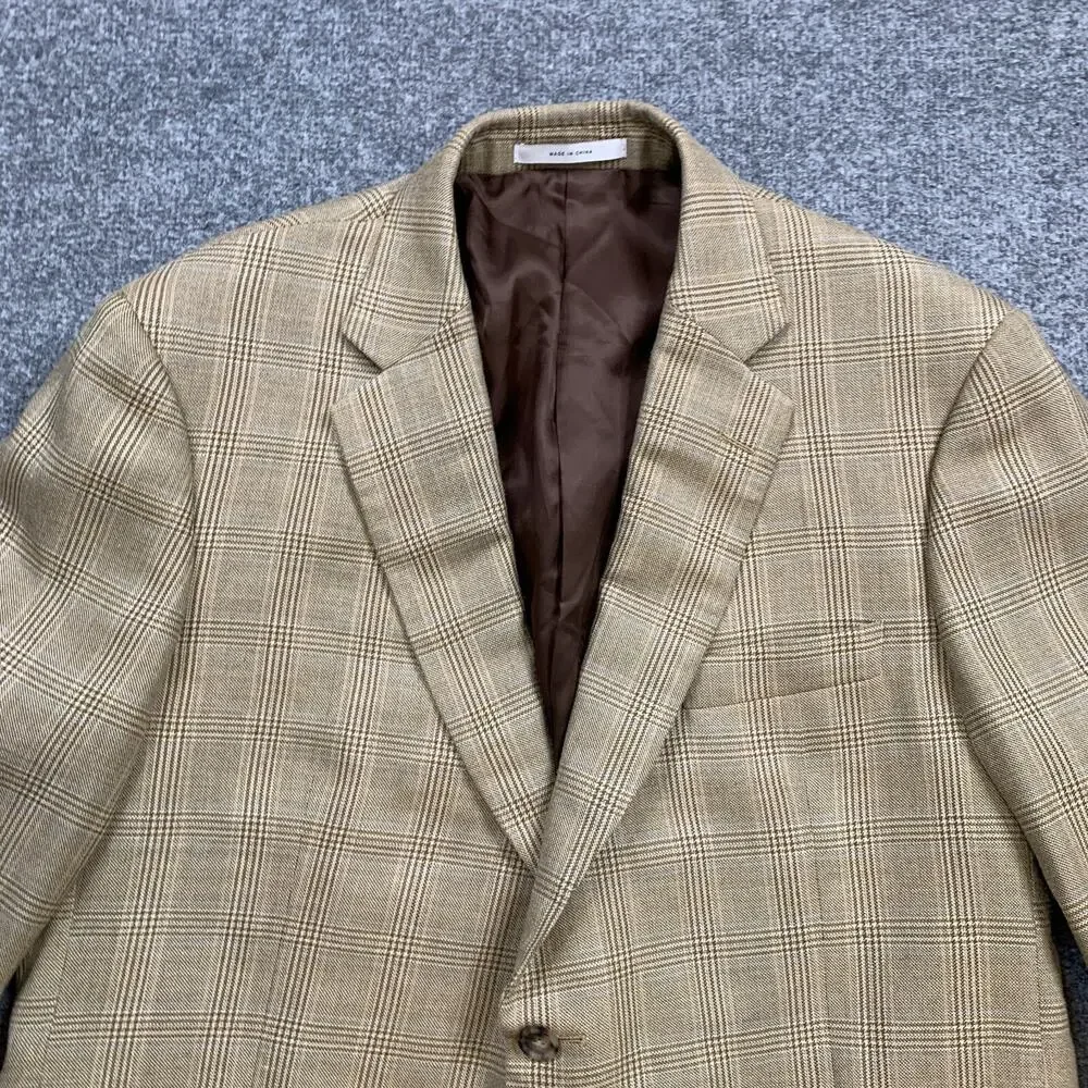 John W Nordstrom Blazer Men 44L Long Straw Beige Blue‎ Plaid Wool Silk Blend